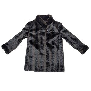 Vintage Dubrowsky & Perlbinder Faux Fur Coat Brown Chevron Pattern